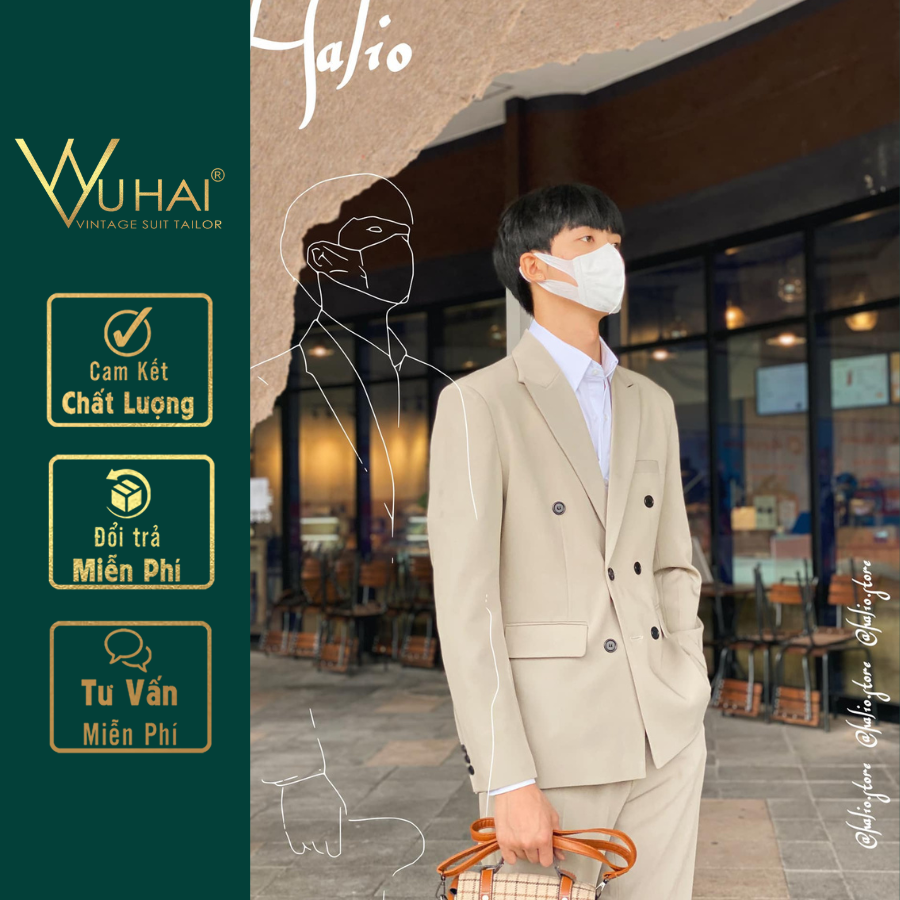 Bộ Vest Nam cao cấp from dáng 6 cúc màn kem Hàn Quốc-VuHai