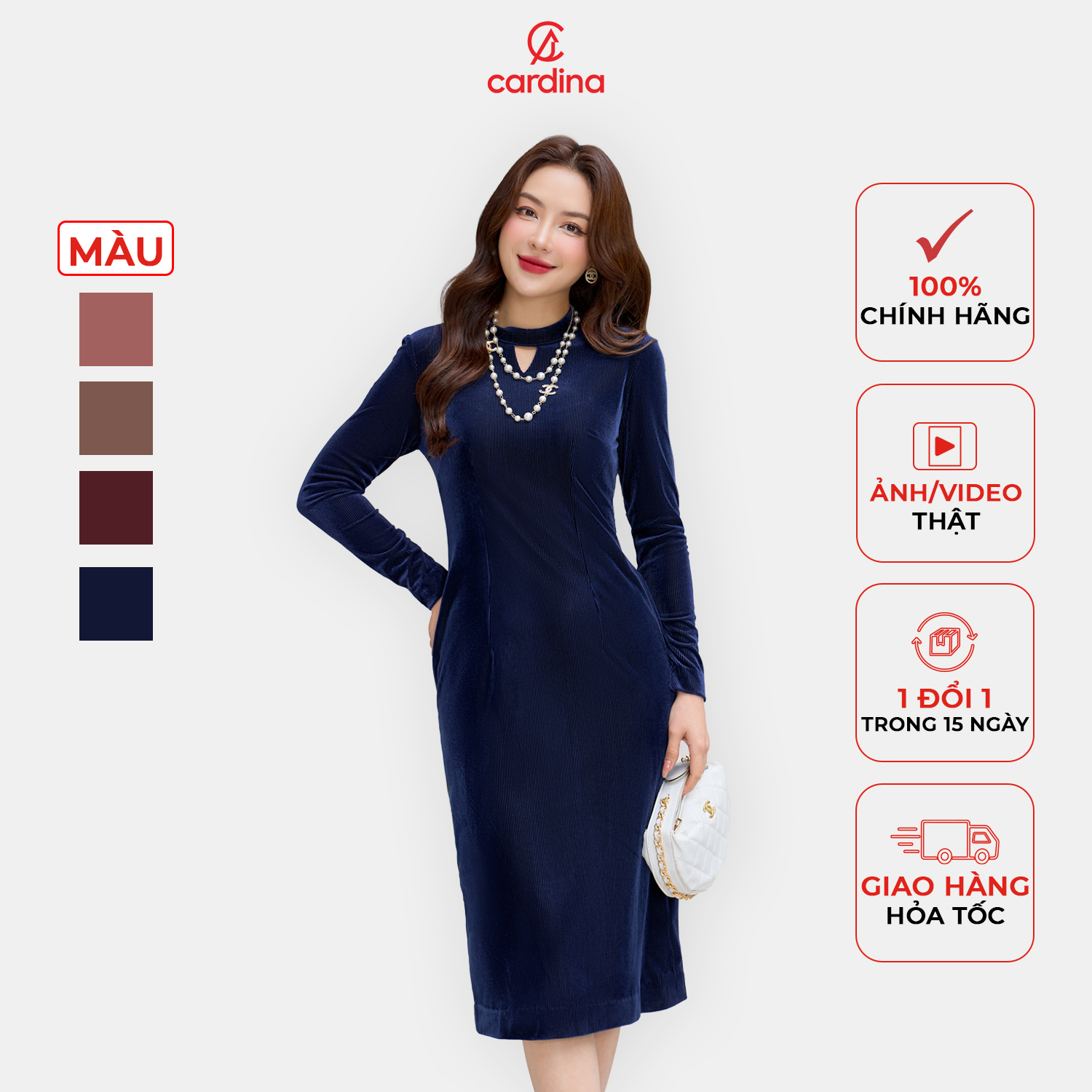 Đầm nhung tăm nữ CARDINA chất liệu co dãn thoải mái phom ôm tôn dáng trẻ trung 4VOL01