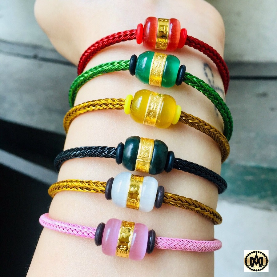 Vòng đeo tay dây bện cao cấp kết hợp charm đá cẩm thạch tự nhiên bọc vàng 14k hình lu thống, vòng tay nữ phong thủy hút tài lộc và may mắn cho gia chủ