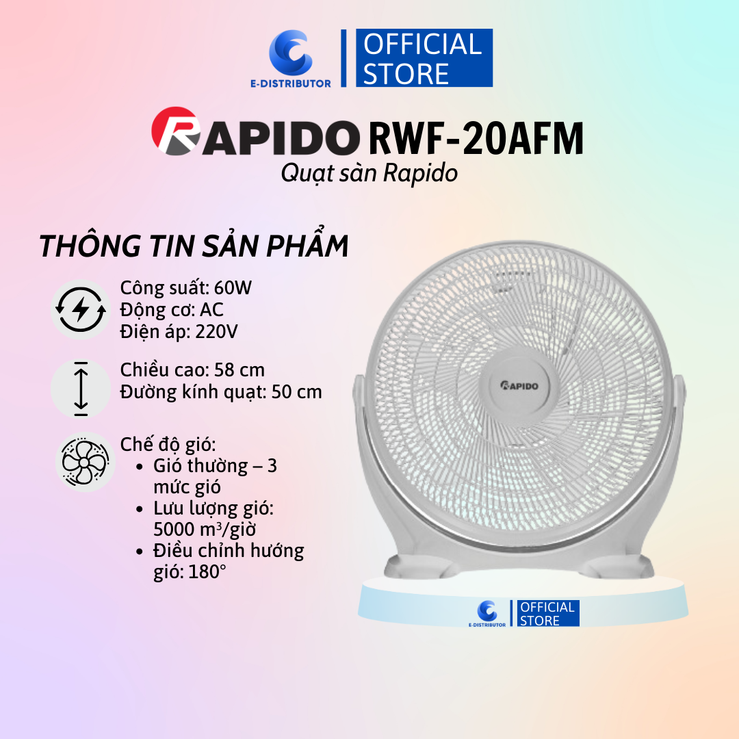 Quạt sàn rapido rwf-20afm - hàng chính hãng - điện áp: ~ 220v – 240v/ 50 hz - công suất: 60w