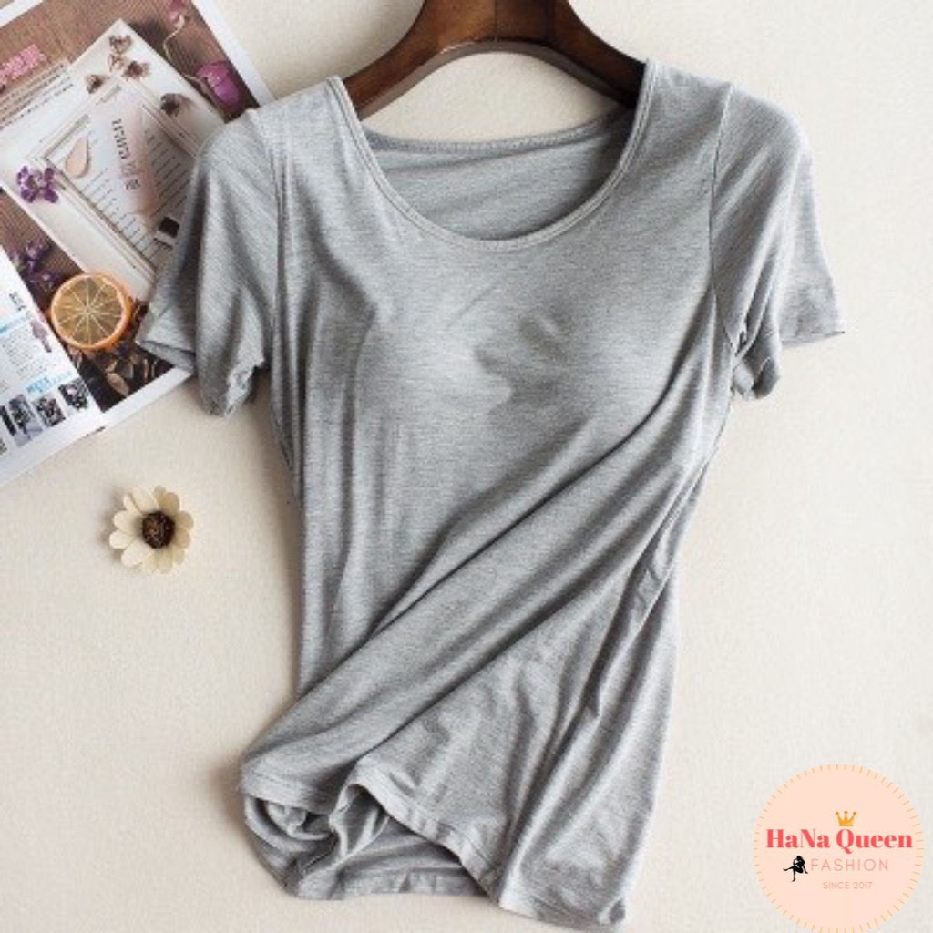 Áo phông nữ cộc tay kèm bra liền, cổ tròn, nhiều màu chất vải cotton thoáng khí thấm hút tốt