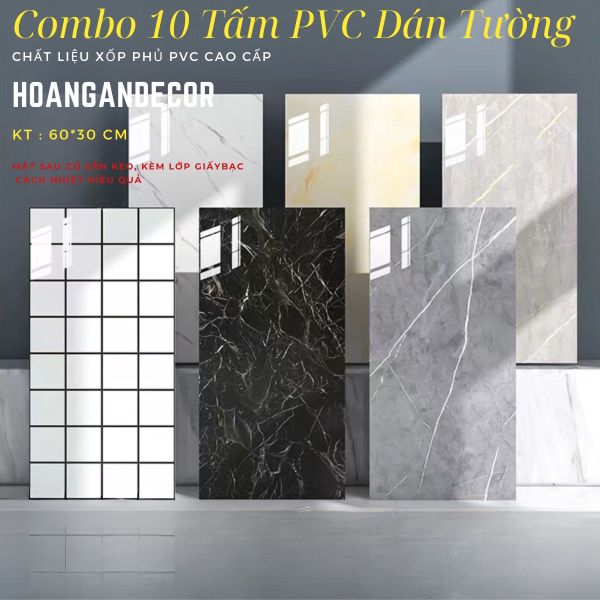 10 tấm nhựa xốp dán tường pvc kích thước dài 60 cm rộng 30 cm mặt sau keo kèm lớp giấy bạc cách nhiệt chống cháy