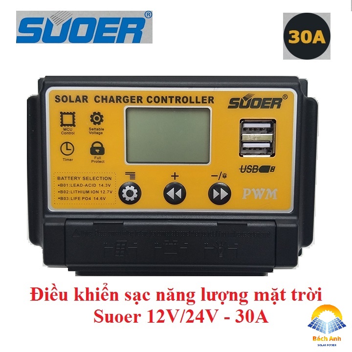 Điều khiển sạc năng lượng mặt trời PWM Suoer 30A 12V/24V