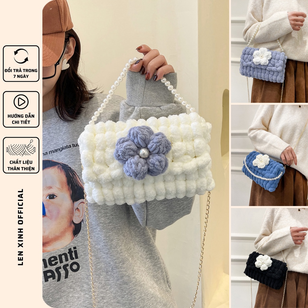 Túi handmade tự đan len bông tròn, túi len tự đan đính hoa dễ thương - Bộ phụ kiện đầy đủ LX903