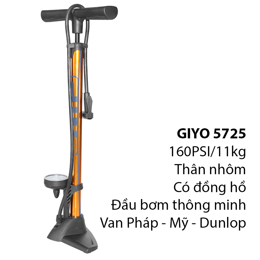 Bơm xe đạp, xe máy 160psi/11kg giyo-5725 thân nhôm có đồng hồ