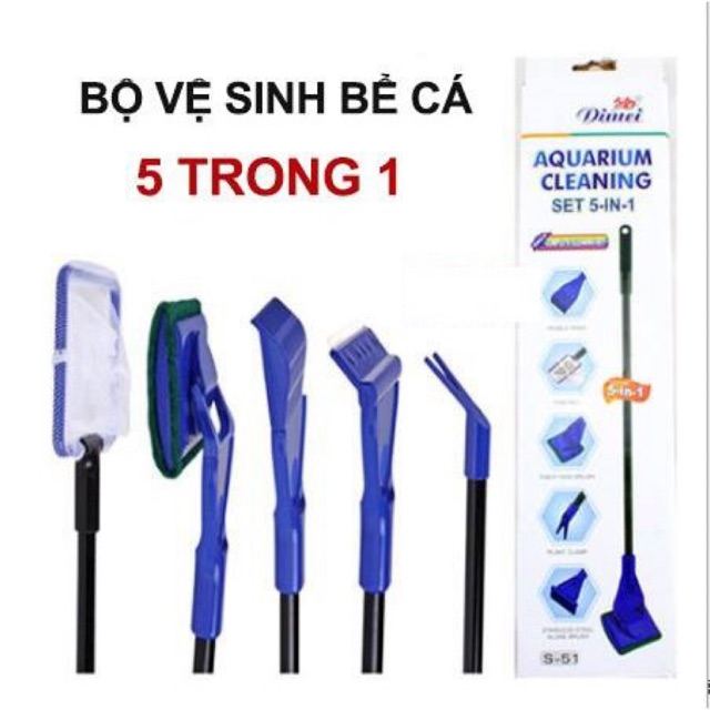 Bộ Vệ Sinh Bể Cá 5 IN 1 Vợt cá, Chà kính, cạo rêu, San Nền, Gắp cây Hakaquarium