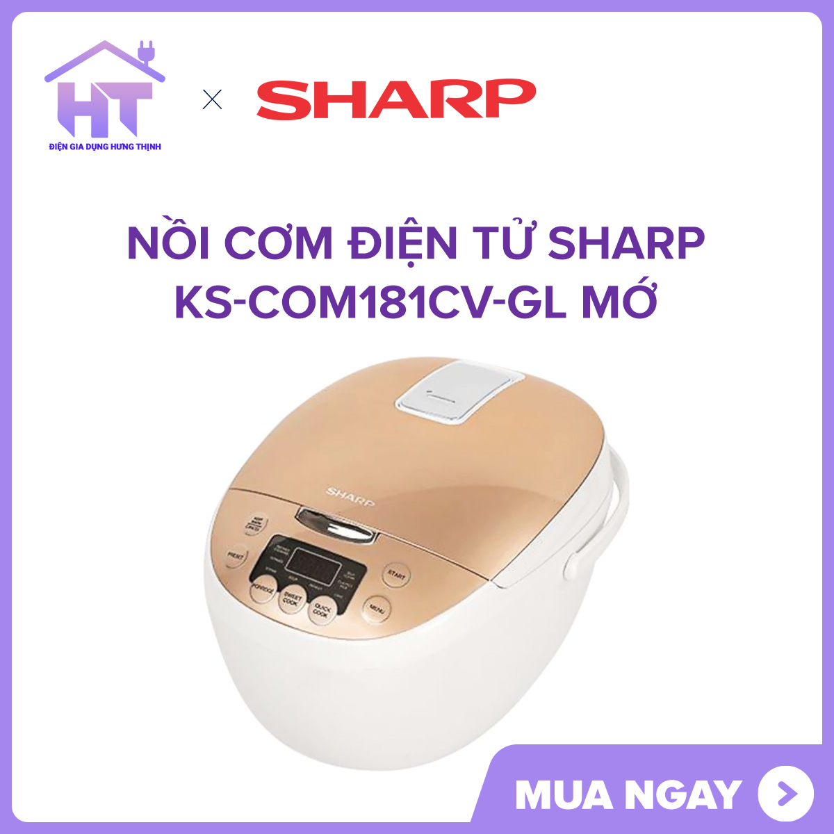 Nồi cơm điện tử Sharp KS-COM181CV-GL XẢ KHO ( 9 chức năng nấu, công nghệ nấu 2D,giữ ấm tới 12 tiếng,hẹn giờ nấu xong 24 tiếng. )