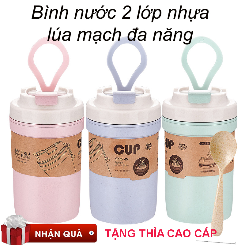 Bình giữ nhiệt 2 lớp 500ml nhựa lúa mạch cao cấp - Tặng kèm thìa