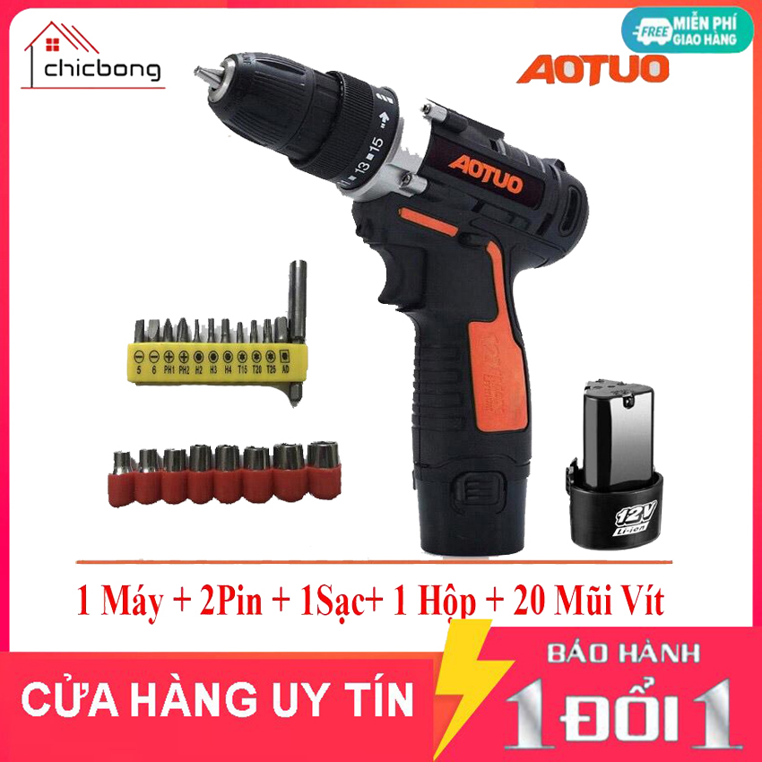 Máy khoan vặn vít không dây đảo chiều Aotuo 12V - Kèm 2 pin và hộp và bộ 20 mũi vít