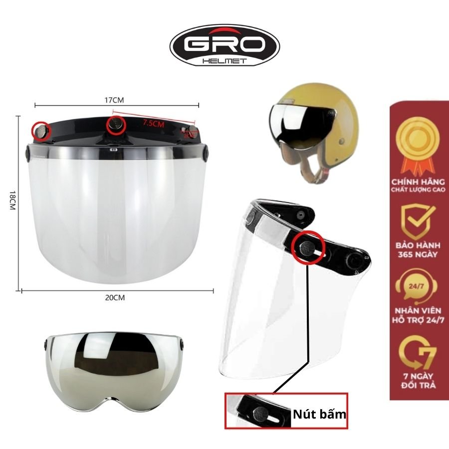 Kính gắn mũ bảo hiểm GRO Size lớn có cúc bấm dành cho các dòng mũ bảo hiểm có lưỡi trai trên thị trường