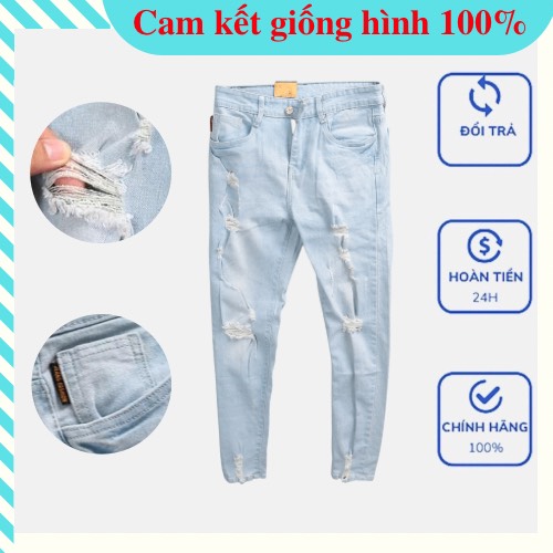 Quần jean nam xanh nhạt rách gối chất bò cao cấp co dãn 4 chiều, quần rin nam xanh bạc xước