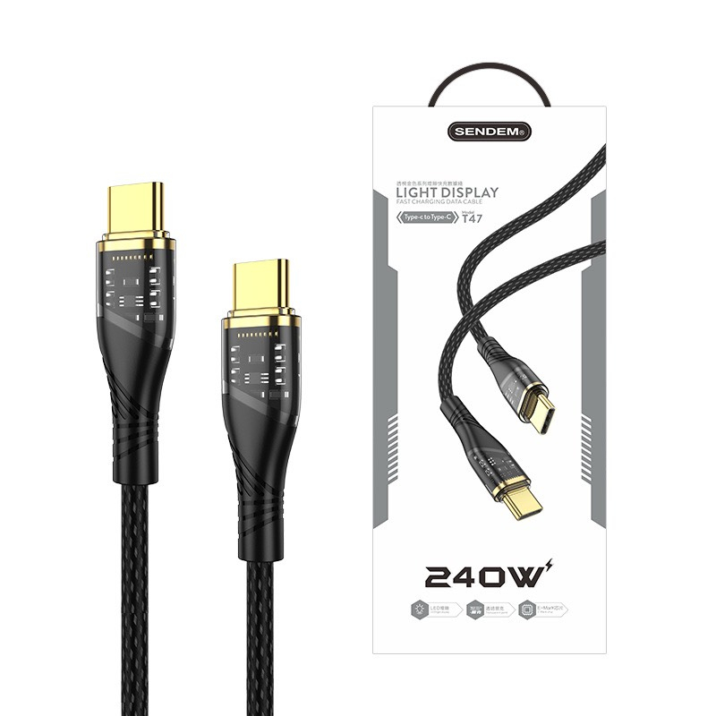 Cáp sạc nhanh/ truyền dữ liệu sendem USB-C to IP PD 27W, Type C to type c 240W đầu cắm trong suốt có đèn led tiện dụng