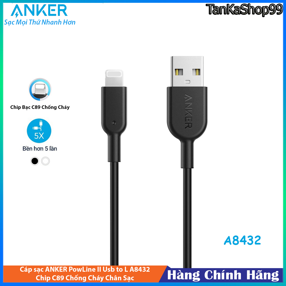 Cáp sạc anker powerline ii usb to lightning chip bạc c89 chuẩn mfi cho iphone , a8432 0.9m