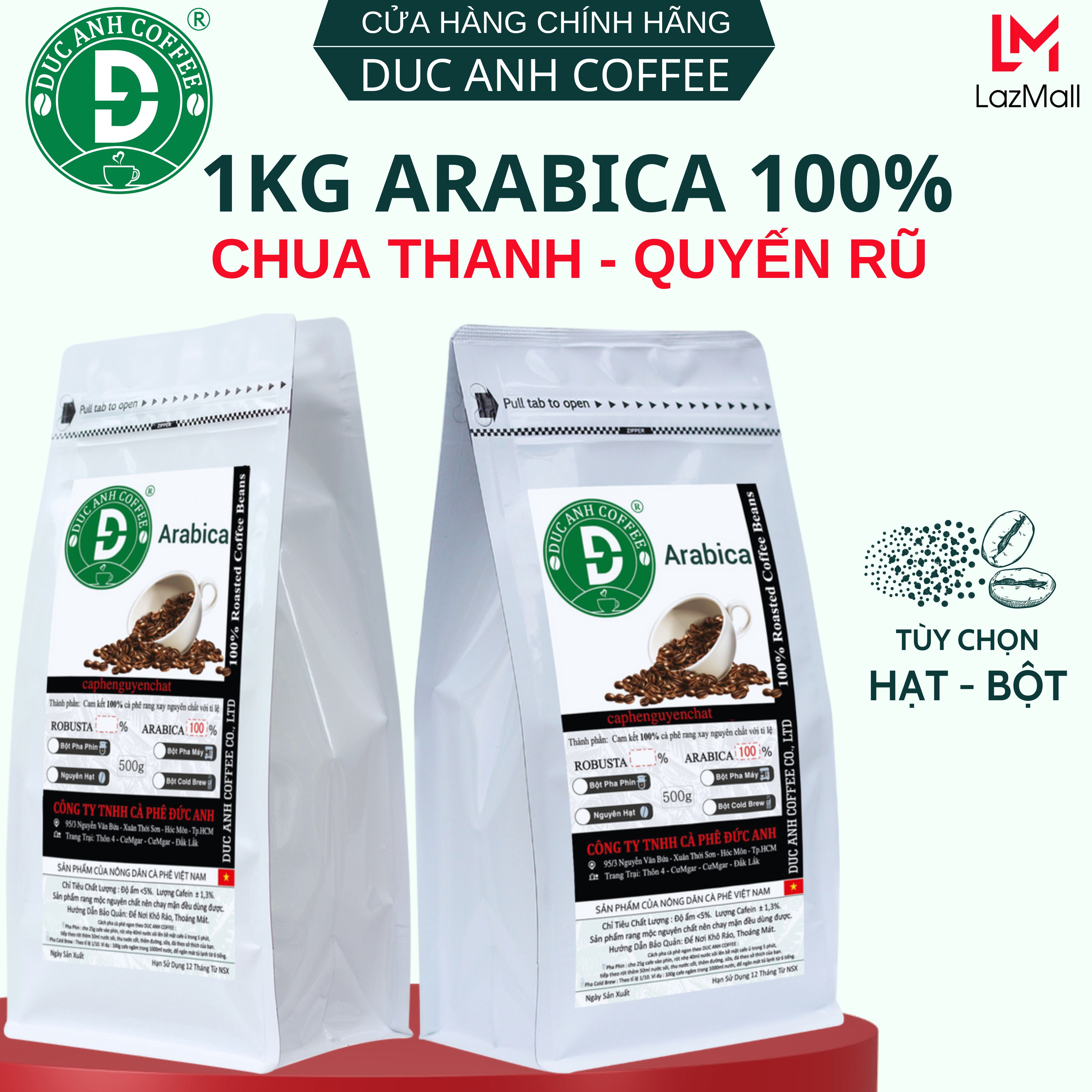 [Trợ giá] 1KG Cà Phê Rang Mộc Arabica DUC ANH COFFEE  Cầu Đất Quyến Rũ, Chua Thanh, Thơm Nhiều, Cafein Thấp tùy chọn pha phin, pha máy, pha cafe cold brew 2 Gói 500g - cafe đặc sản