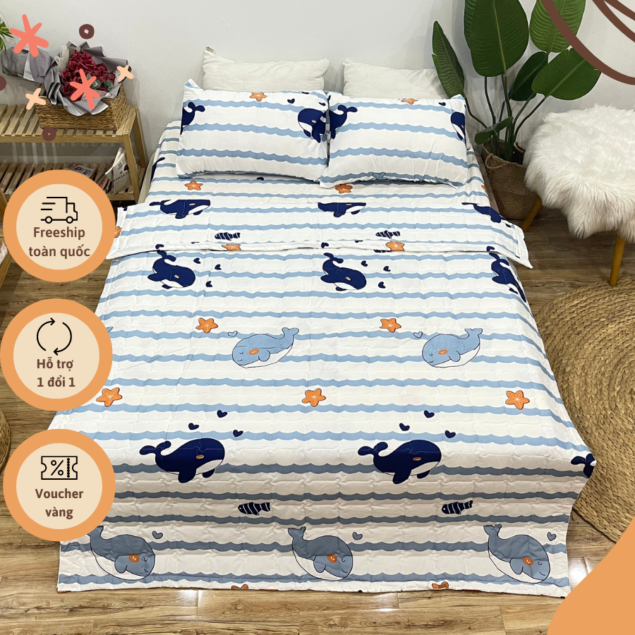 Bộ Chăn Hè 5 Món Mẫu Cá Voi Kẻ Xanh CHM56 ( Gồm 1 chăn hè, 1 ga bo chun, 2 vỏ gối nằm, 1 vỏ ôm )