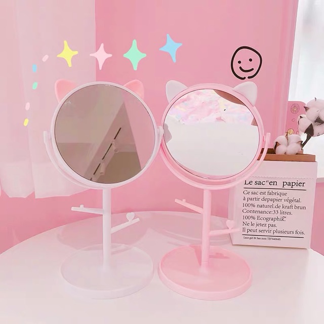 Gương Để bàn Tai Mèo Dễ Thương Kèm Móc Treo Phụ Kiện Xoay 360 Độ 2 Màu Cute Shop