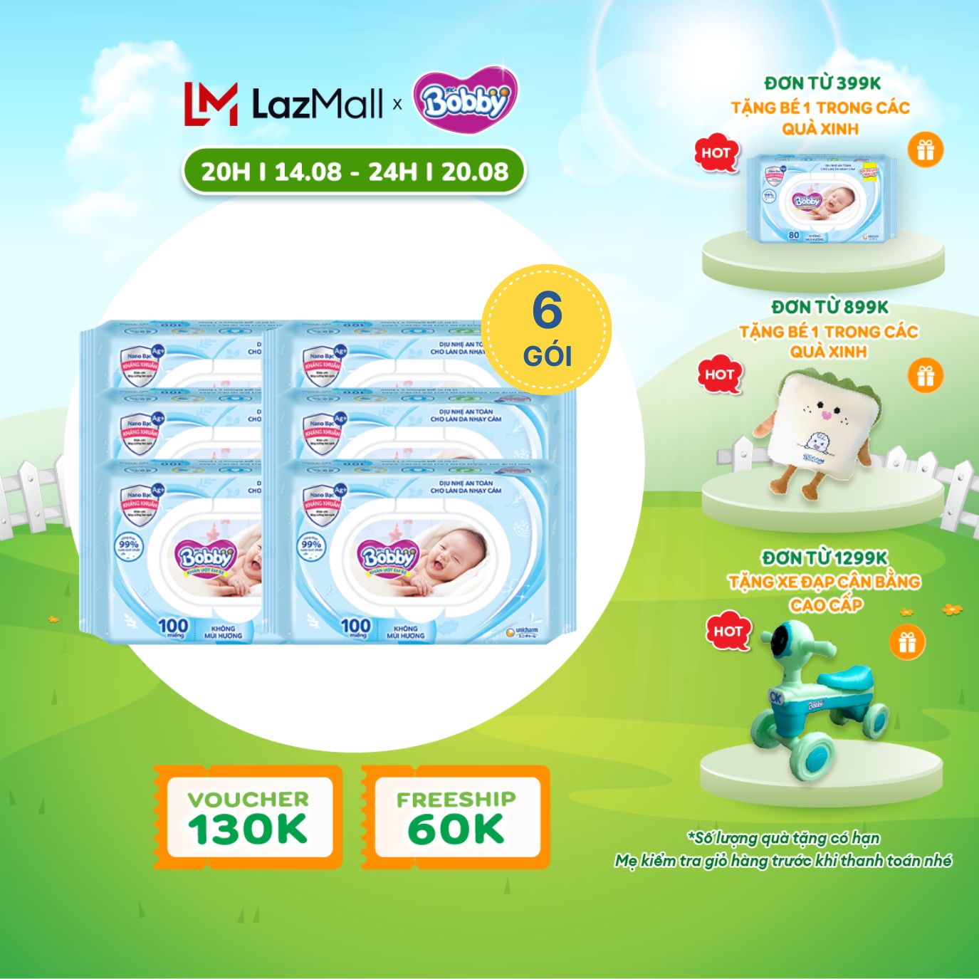 (CHỈ 20H 24.8-29.8 QUÀ TẶNG ĐH 399K) Bộ 6 gói khăn giấy ướt trẻ em Bobby Care Nano Bạc Kháng Khuẩn không mùi hương 100 miếng