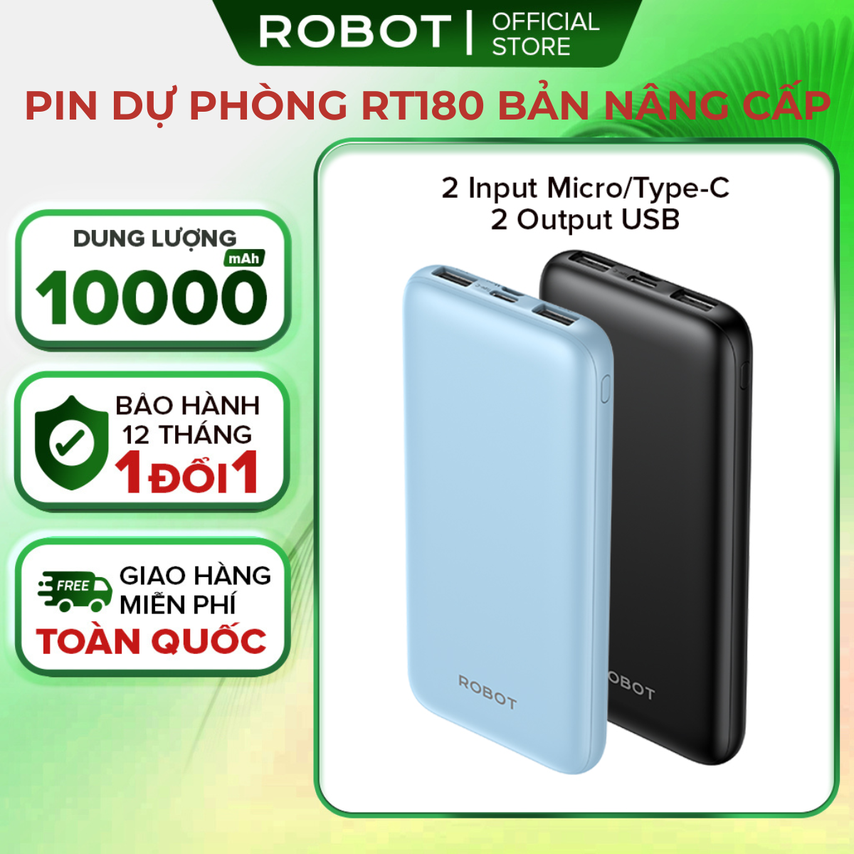 Pin Dự Phòng Robot RT180 / Phiên Bản Nâng Cấp RT12 Dung Lượng Cao 10000 MAH Cục Sạc Nhỏ Gọn Siêu Mỏng Siêu Nhẹ 2 Cổng Sạc Vào 2 Cổng Sạc Ra Chất Lượng