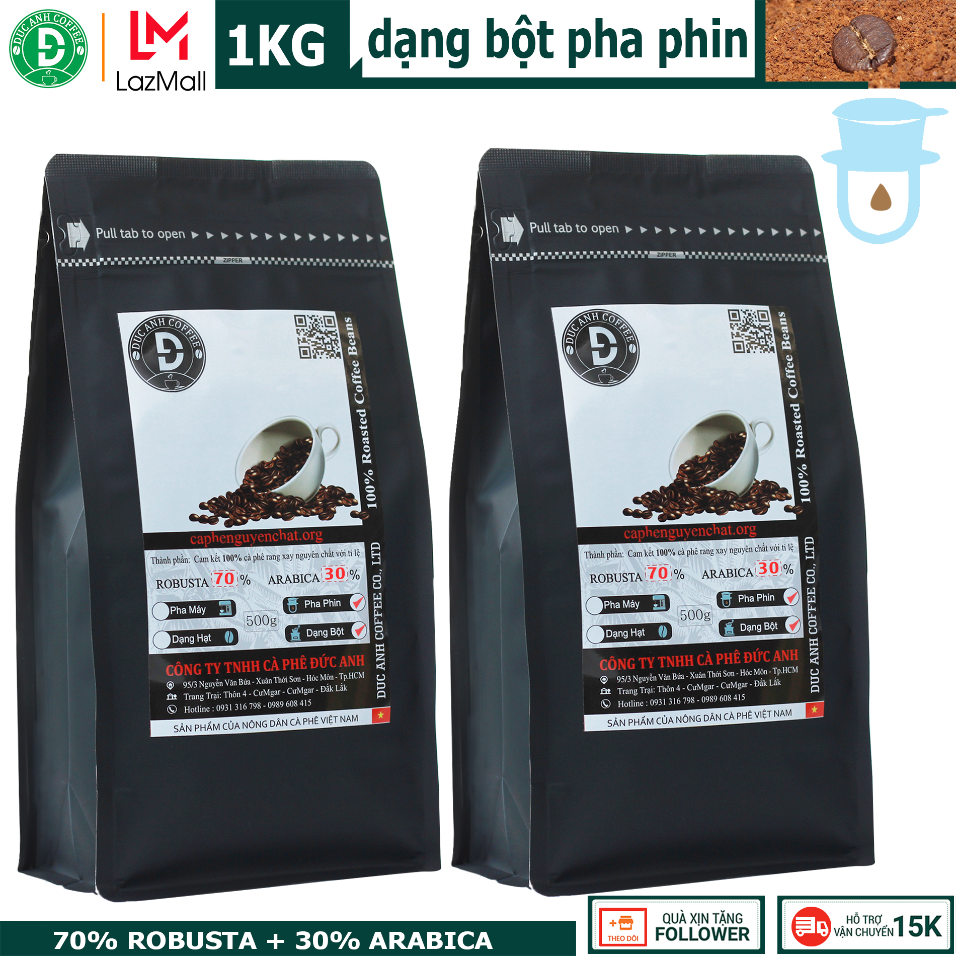 [sale trợ giá] 1kg Cà phê Bột Pha Phin D73 rang mộc DUC ANH COFFEE với (70% Robusta + 30% Arabica) - đậm đắng - chua nhẹ - thơm ngon - giao hàng nhanh - DUC ANH COFFEE - cafe đức anh - CAFE PHA PHIN