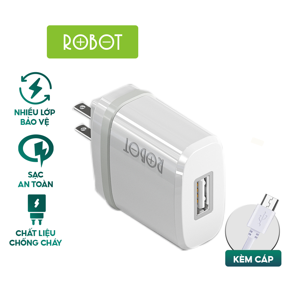 Combo cốc và cáp sạc Robot RT-K7 RT-K7U RT-K9 RT-K9U cổng USB tặng kèm cáp lightning hoặc MicroUSB sạc an toàn nhỏ gọn bảo vệ thông minh dành cho iphone 12 pro 13 14 max 11 mini 8 plus samsung htc xiaomi asus vivo oppo huawei realme