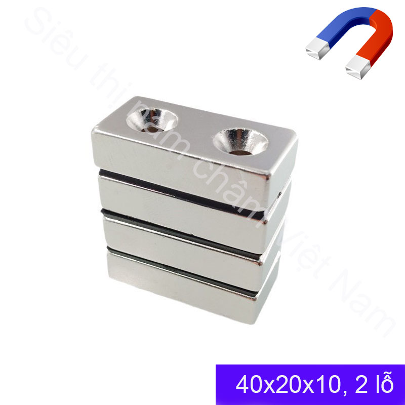 Nam châm đất hiếm có 2 lỗ bắt vít 40x20x10mm, siêu hít hot