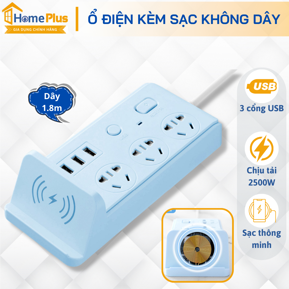 [KÈM SẠC KHÔNG DÂY] Ổ Cắm Điện Thông Minh Đa Năng Hỗ Trợ Sạc Không Dây 3 Cổng USB Chịu Tải 2500W Dây Nối Dài 1.8m