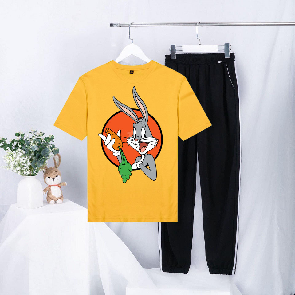 Sét Bộ Quần Áo Thời Trang Ulzzang Nữ Học Sinh Mùa Hè Mặc Đi Chơi Siêu Cute, Áo Cotton In 3D Thỏ Cà Rốt Kèm Quần Thun Bo Gấu Cá Tính