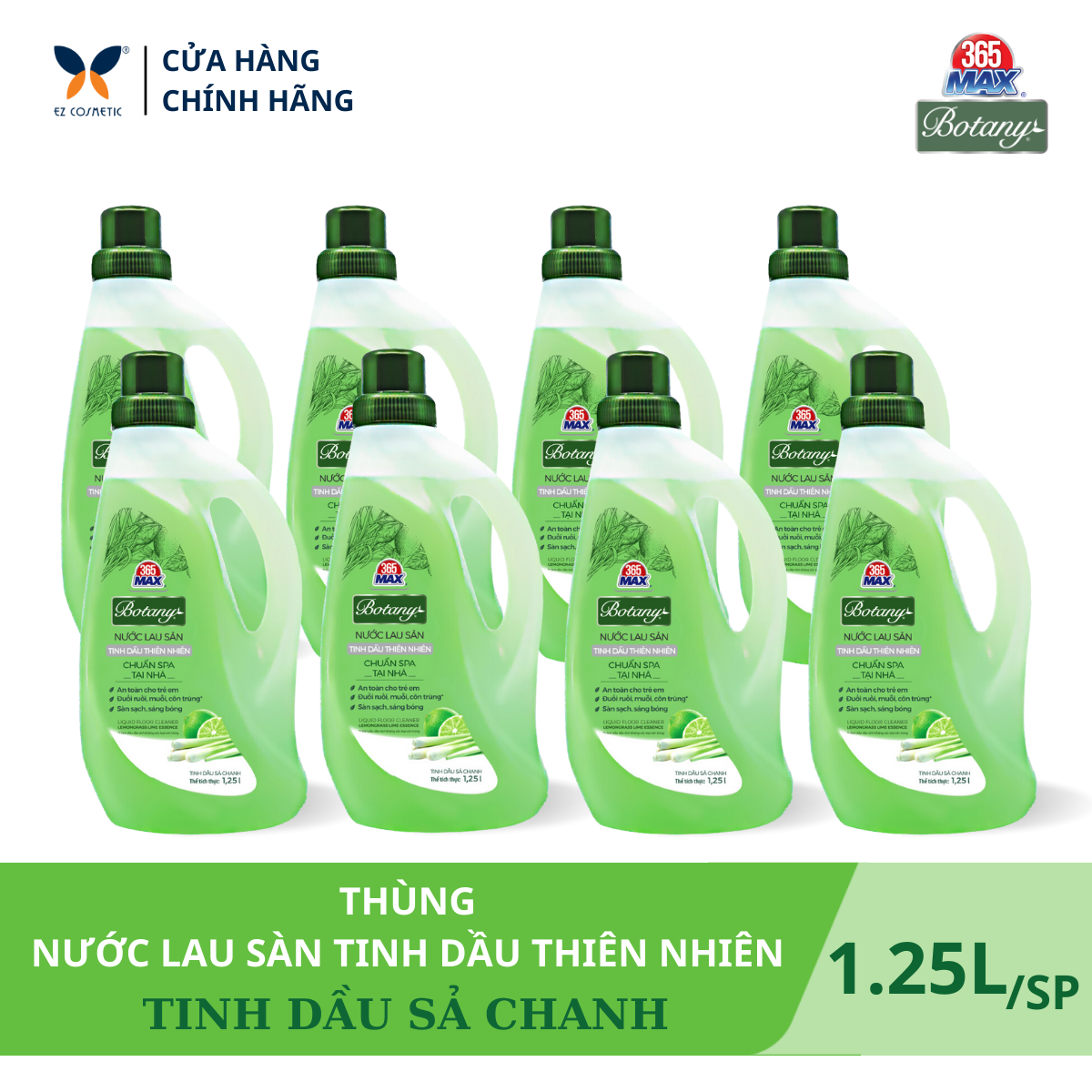Thùng 8 Chai Nước Lau Sàn 365 Max Botany Tinh Dầu Sả Chanh thiên nhiên chai 1.25 lít làm sạch bóng sàn nhà, ngăn côn trùng, an toàn cho da trẻ em