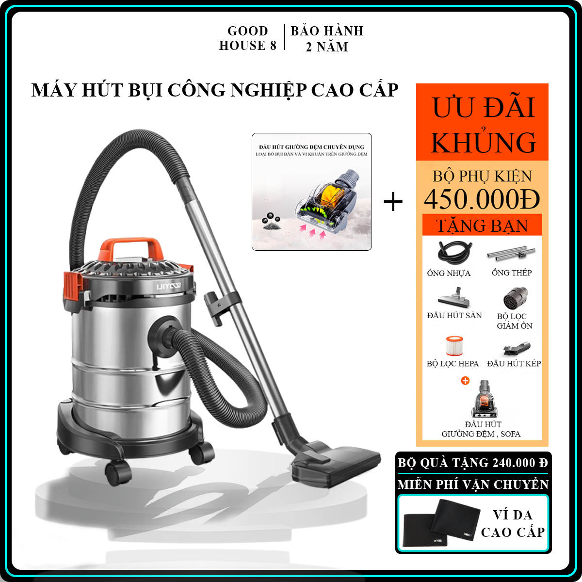 Máy hút bụi gia đình, công nghiệp công suất lớn 1200W, dung tích 15L tích hợp 3 chế độ hút khô, hút ướt, thổi. BẢO HÀNH 3 NĂM