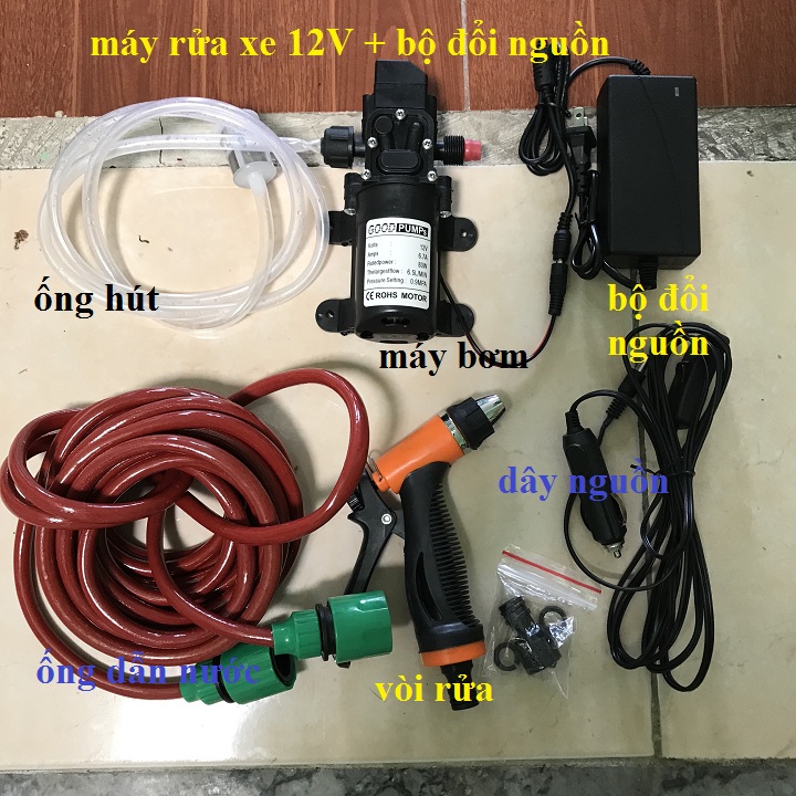 Bộ Máy bơm rửa xe tăng áp lực nước mini loại 1 cao cấp dùng trên xe hơi chạy điện 220v và kèm tẩu cắm xe ô tô