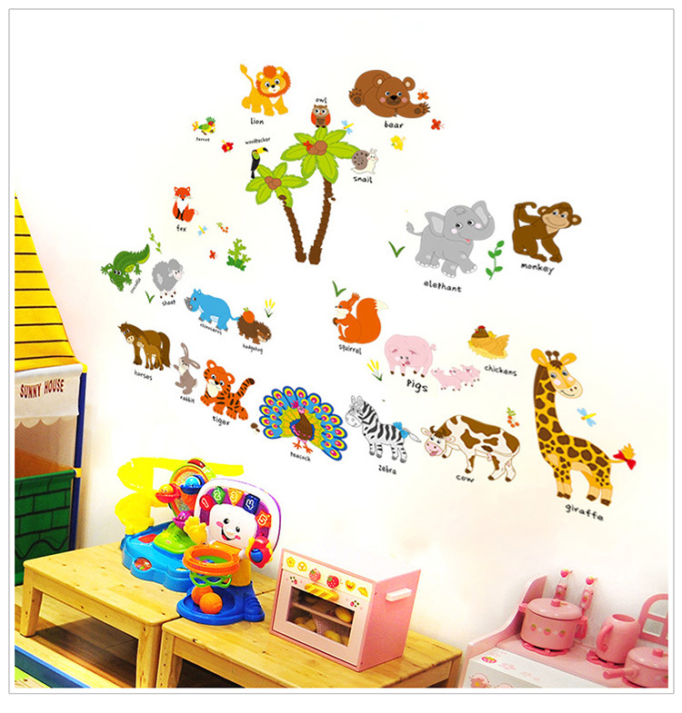 [Hoàn Tiền 10%]Tranh decal động vật & cây dừa - Decal dán tường động vật ngộ nghĩnh cho bé