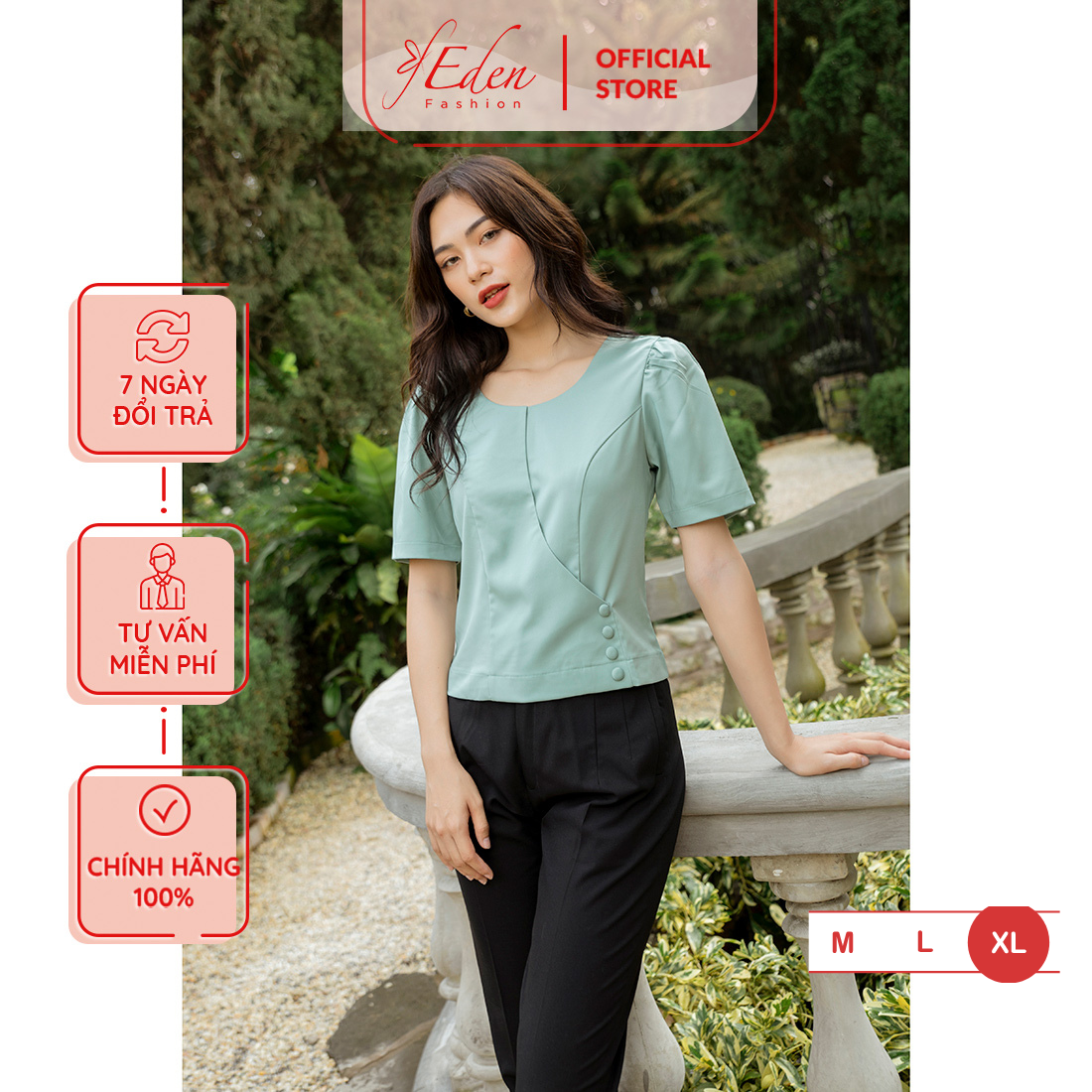 Áo kiểu sơ mi công sở  nữ thời trang Eden tay ngắn, ngực đắp chéo, phối nút eo, chất liệu chéo ý mềm mịn - ASM170