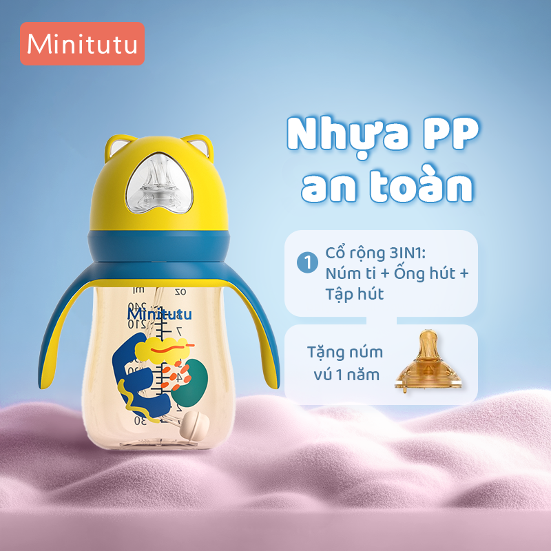  Bình sữa Minitutu 3IN1 cho Bé Yêu phiên bản hình Gấu 240ml 300ml Núm ti quả tạ 360° chống sặc PP  BPA Free  
