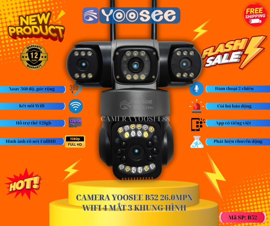 [New] CAMERA YOOSEE WIFI/LAN B52 ĐỜI MỚI 2025 NGOÀI TRỜI 4 MẮT 3 MÀN HÌNH - ĐỘ PHÂN GIẢI 26.0MPX - CHỐNG NƯỚC CHỊU NHIỆT IP66 - XOAY 360-FULL HD- BAN ĐÊM CÓ MÀU - AI NHẬN DIỆN CHUYỂN ĐỘNG - ĐÀM THOẠI 2 CHIỀU-BÁO ĐỘNG CHỐNG TRỘM - CAMERA AN  NINH GIÁM SÁT