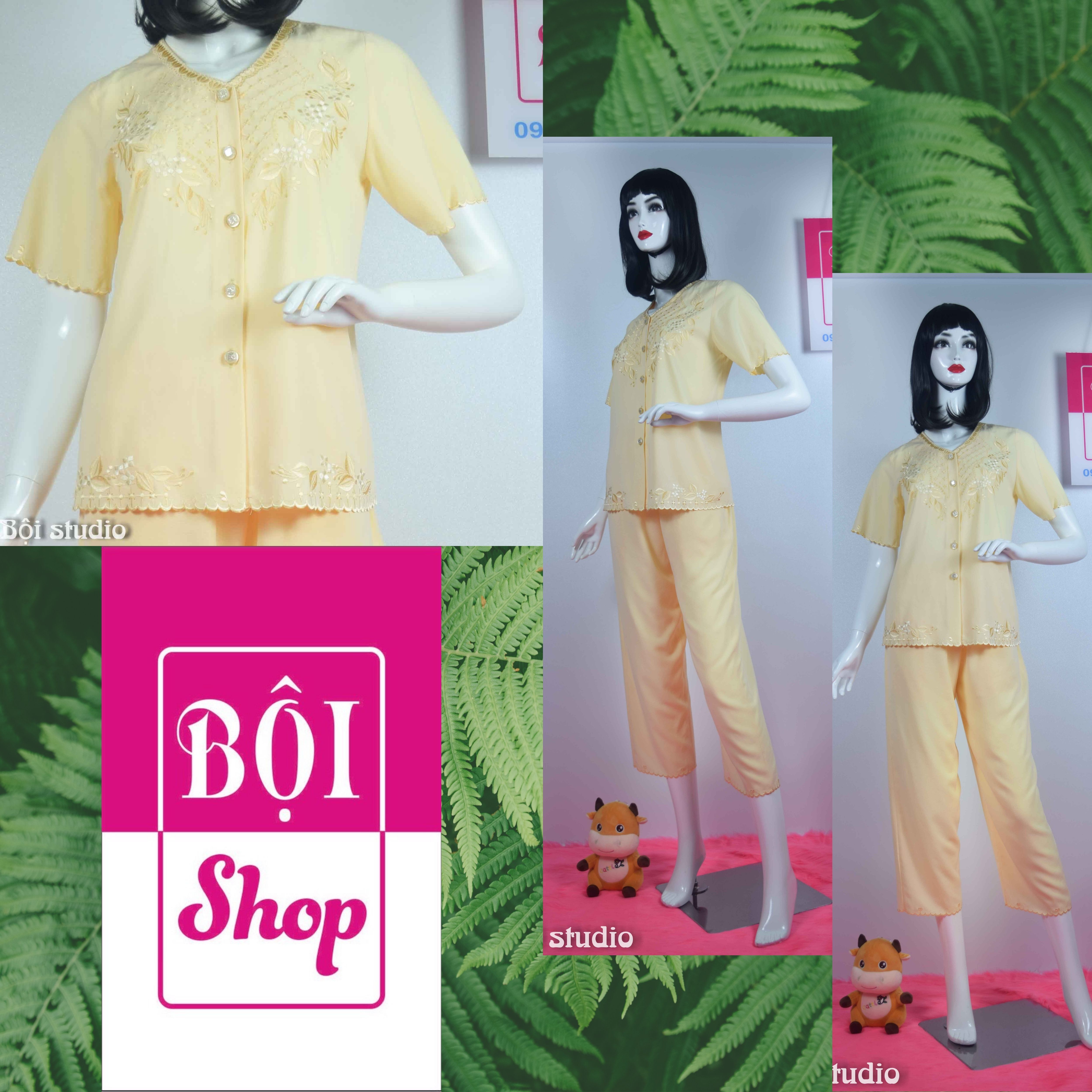 [HCM]Bộ Lụa Ấn Thêu Trung Niên Và Lớn Tuổi  Loại Tay Ngắn  Quần Dài NATR- VÀNG MỠ GÀ