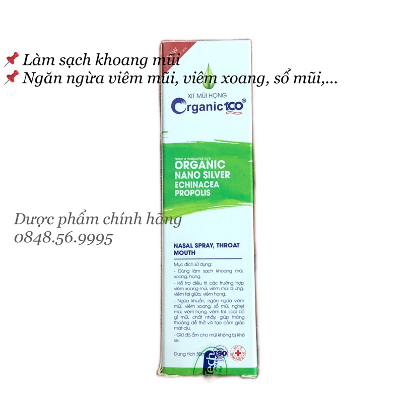 Xịt mũi họng Organic 100 - Giảm viêm mũi, viêm xoang, sổ mũi