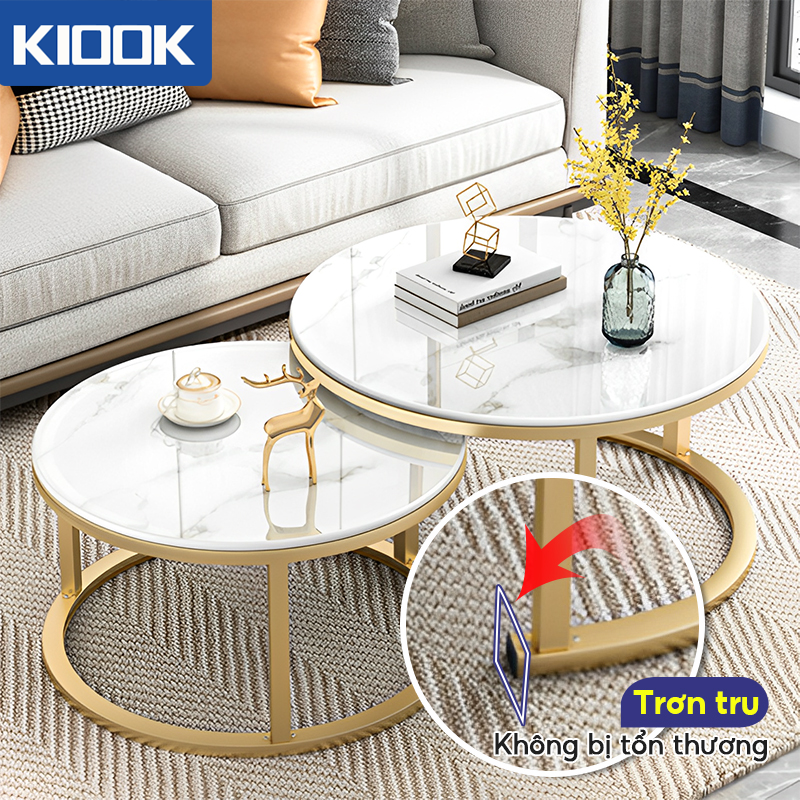 KIOOK Bàn trà đôi Bàn gấp gọn Bộ bàn trà sofa đôi tròn khung vàng kính trắng cao cấp xịn xò mặt bàn gỗ,Mặt bàn giả đá cẩm thạch, có thể thu vào, kiểu dáng thời trang, đơn giản, đẹp, thích hợp cho phòng khách, ban công, chung cư