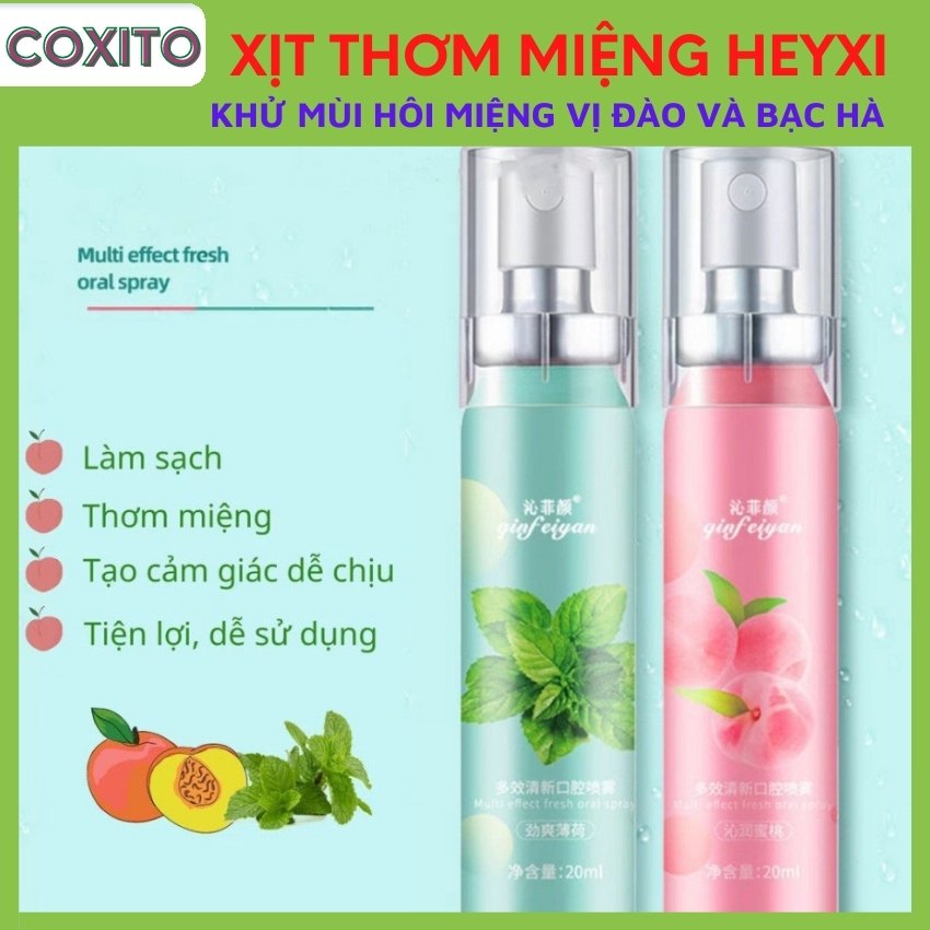 Xịt thơm miệng heyxi 20ml vị đào/ bạc hà kháng khuẩn thơm mát-coxito