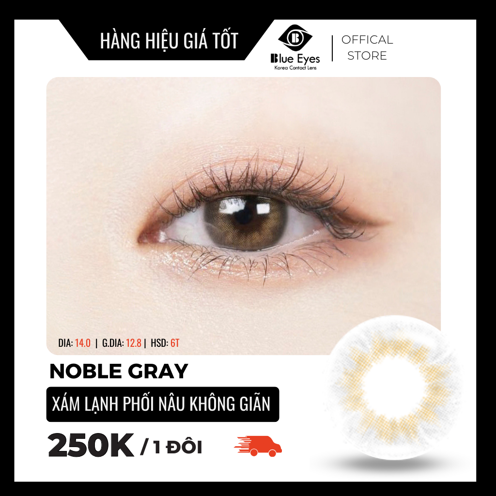 Kính áp tròng Noble Gray Blue Eyes, dòng lens cận sử dụng sáu tháng, giãn tròng vừa, màu xám lạnh phối nâu NOB-GR