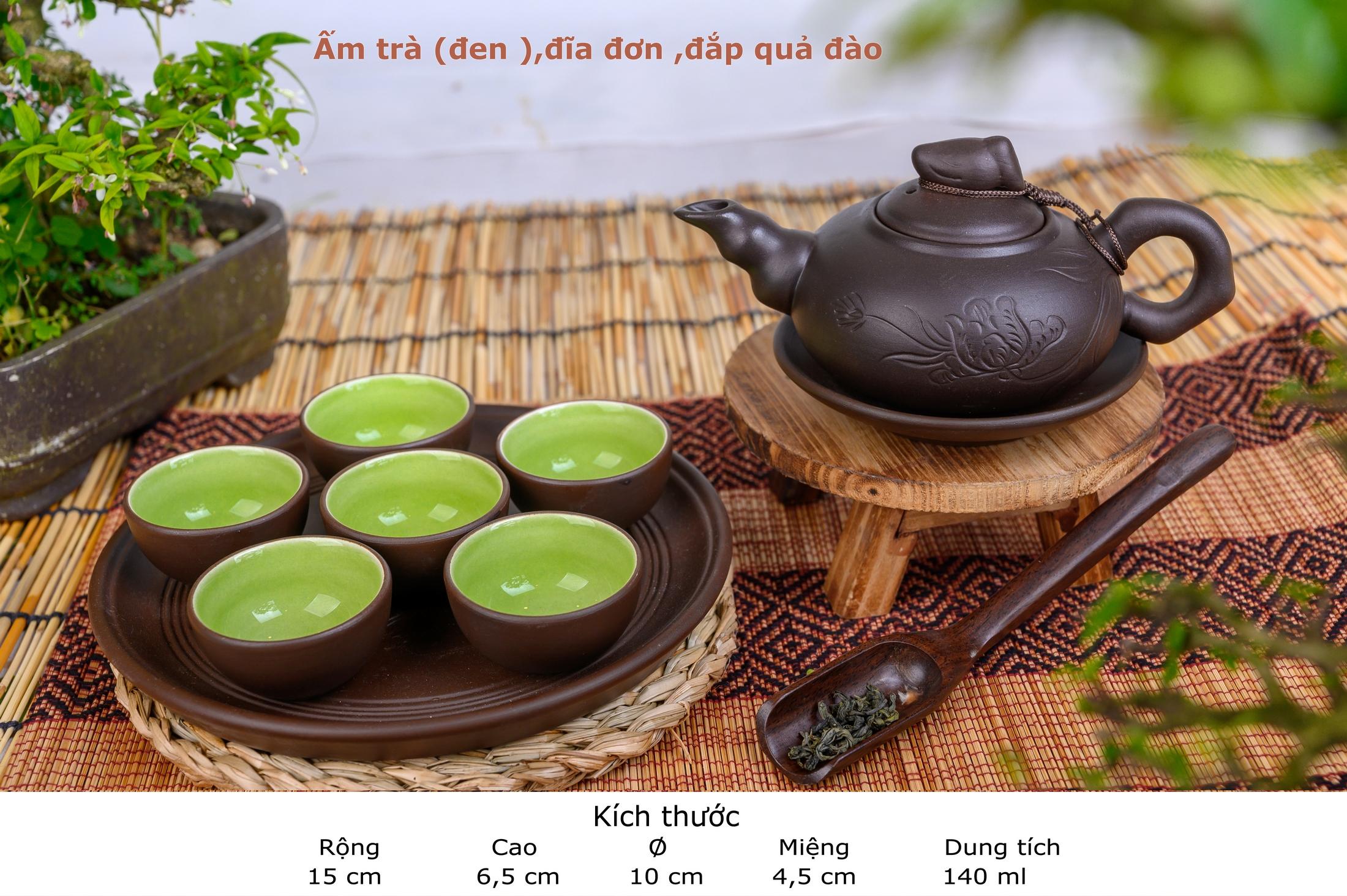 Bộ ấm chén tử sa cao cấp Bát Tràng Trường Thọ đắp nổi quả đào men đen lòng xanh