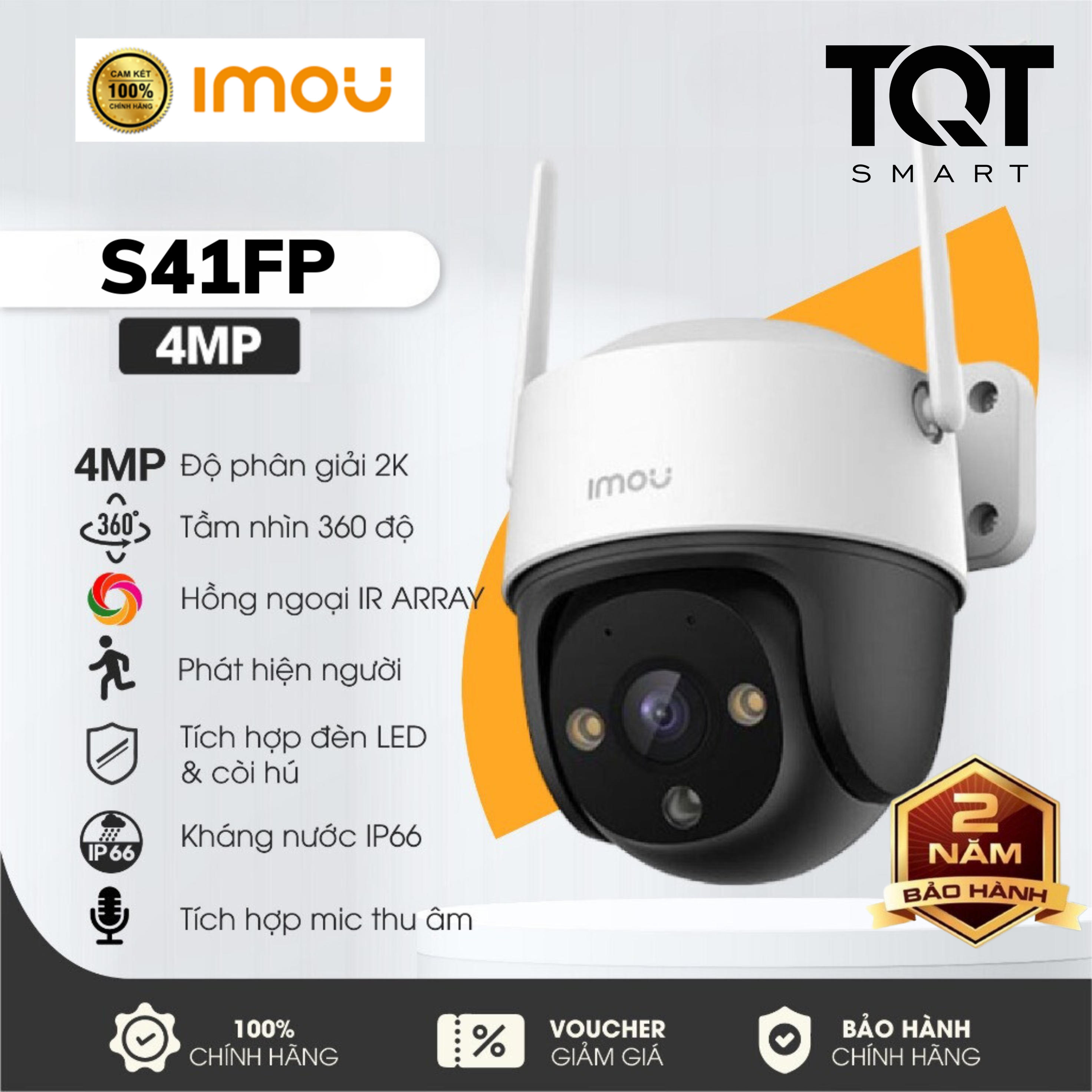 [HOÀN TIỀN] CAMERA IMOU IPC-S41FP 4MP - Chế độ ban đêm thông minh -Tích hợp micro -Theo dõi tự động - Phát Hiện Người - IP 66 - Hàng Chính Hãng - Bảo Hành 2 Năm - TQT Smart