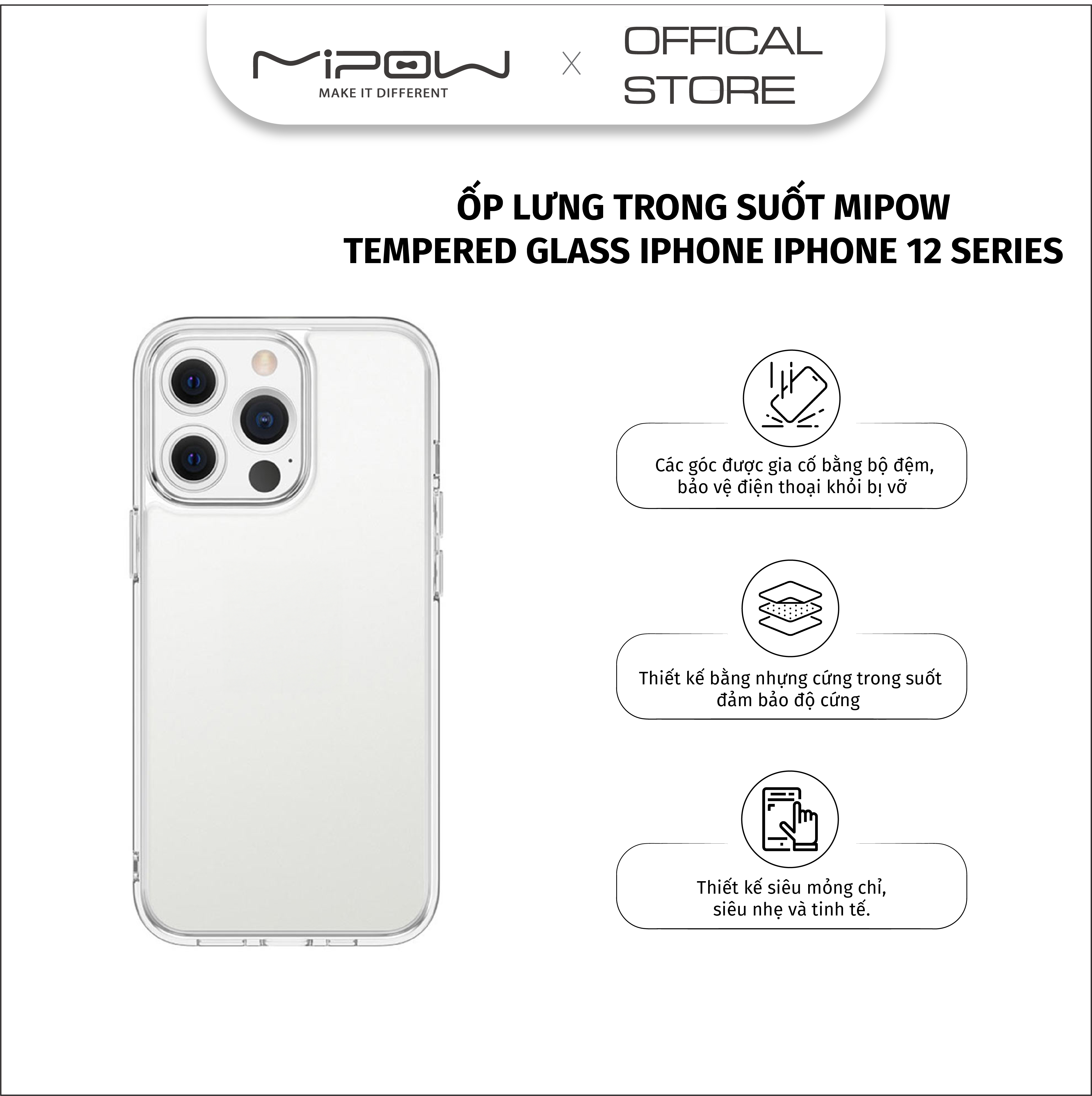 Ốp lưng mipow tempered glass iphone 12 mini/12/12 pro/12 pro maxtransparent - hàng chính hãng