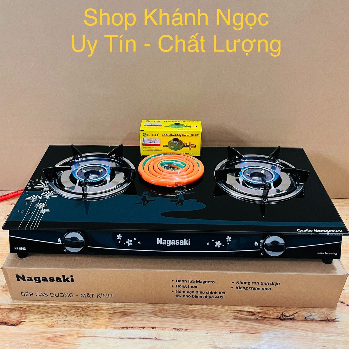 Bếp gas đôi tiết kiệm ga NAGASAKI NK-686G Mới 100% Kính cường lực, Đầu đốt đồng thau - Bảo Hành 12 THÁNG