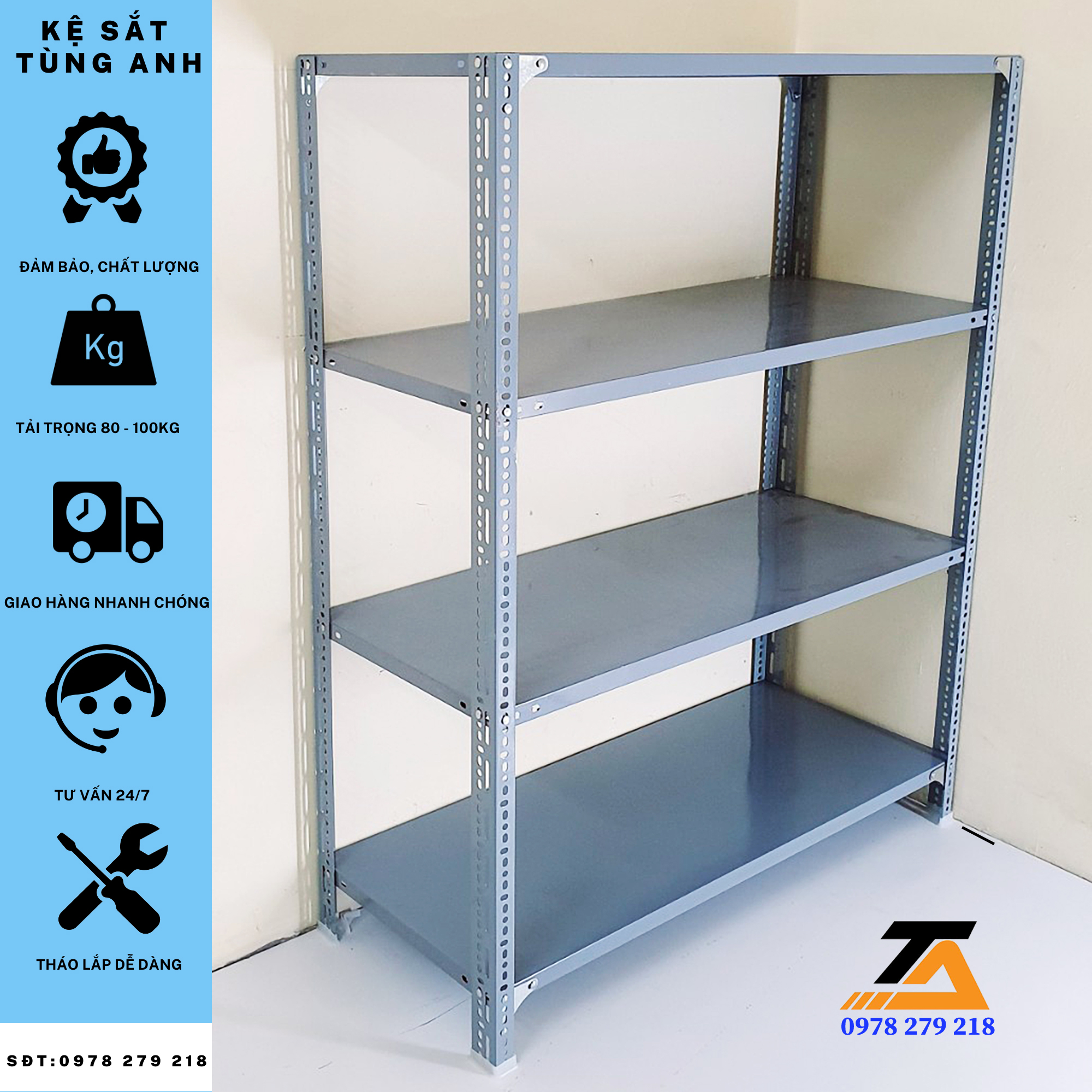 Kệ sắt v lỗ cao 1.5m x dài 1.2m x rộng 40 x 4 sàn