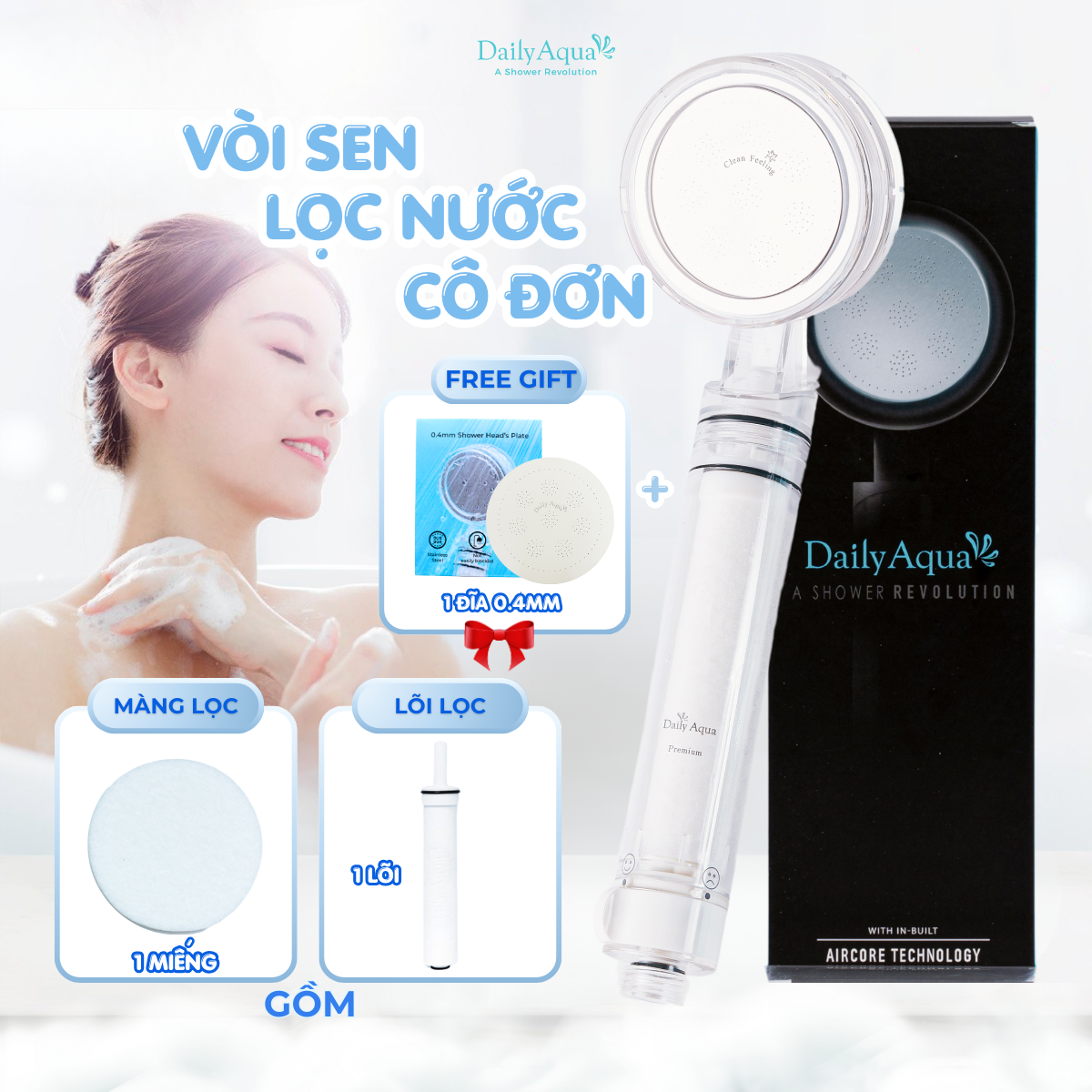 Vòi sen lọc nước daily aqua, tăng áp, lọc sạch bụi bẩn