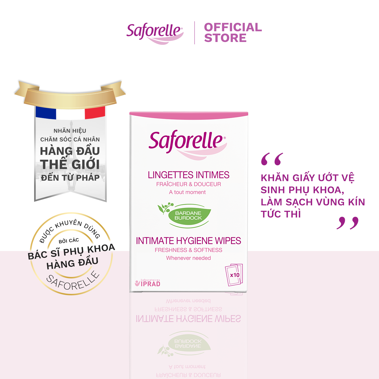 Khăn giấy ướt vệ sinh phụ nữ Saforelle Intimate Hygiene Wipes hỗ trợ làm sạch vùng kín Hộp 10 miếng