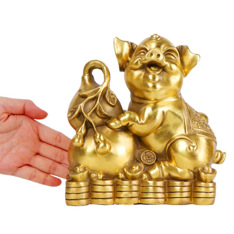 Tượng linh vật con lợn heo Kỷ Hợi ôm hồ lô mỹ nghệ bằng đồng thau phong thủy may mắn và thinh vượng