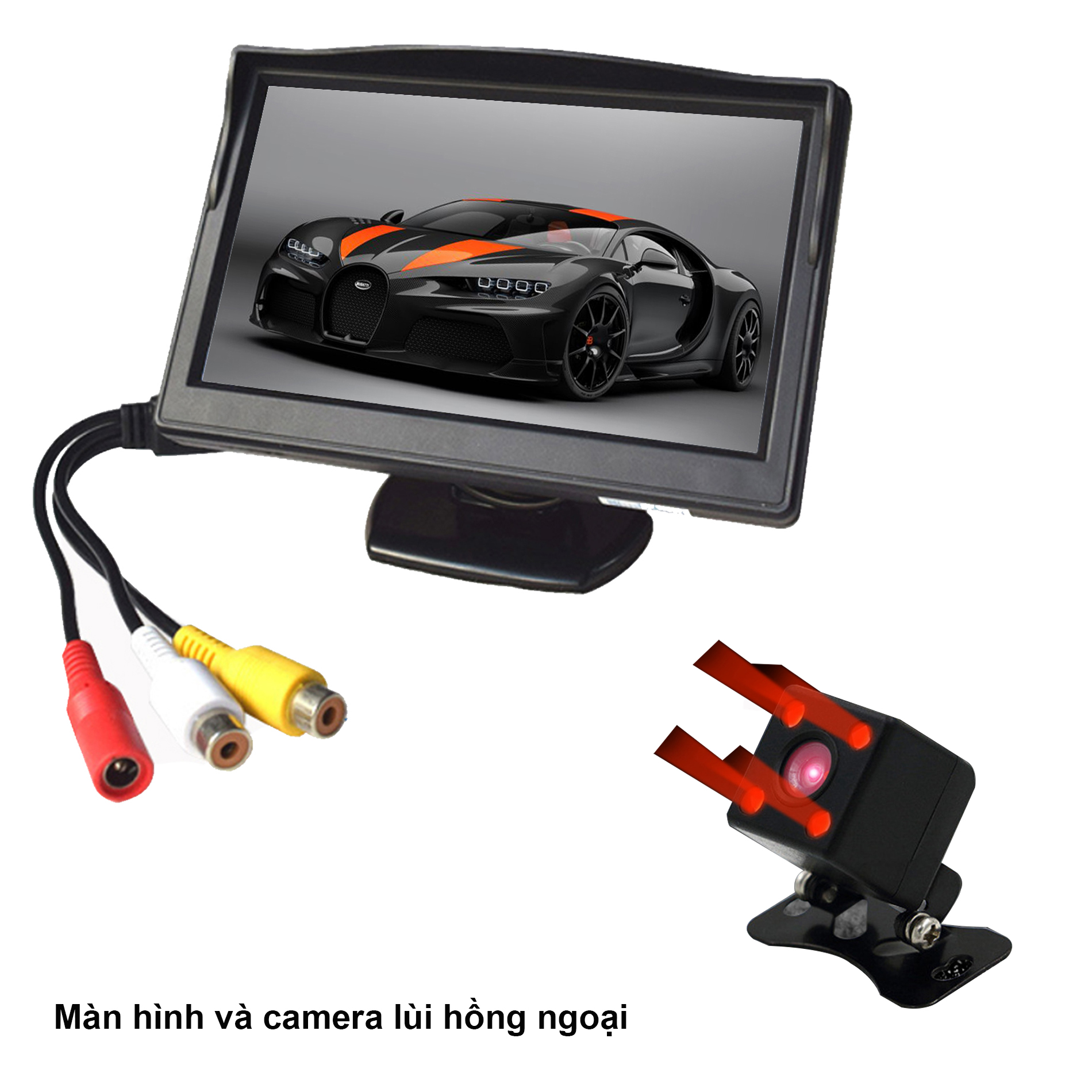 Bộ camera lùi hồng ngoại, và màn hình 5 inch, camera lùi 4 đèn hồng ngoại, vỏ nhựa, 12V, chân AV