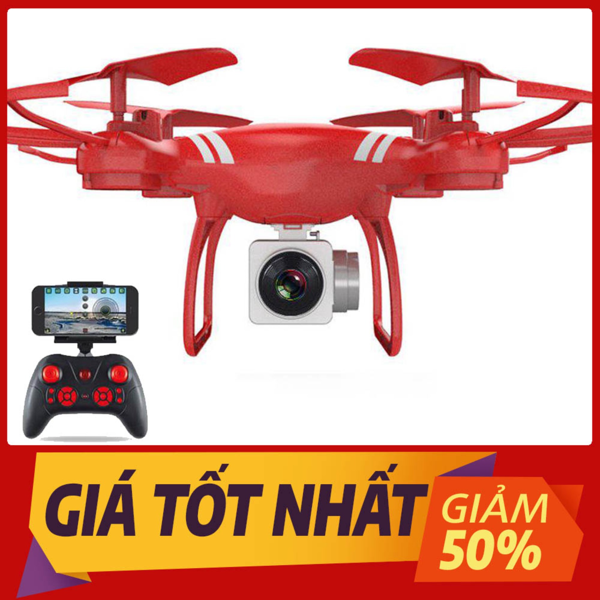 Máy bay Flycam KY101 Cao cấp, kết nối Wifi với điện thoại + Tặng tay cầm điều khiển từ xa (Đỏ)