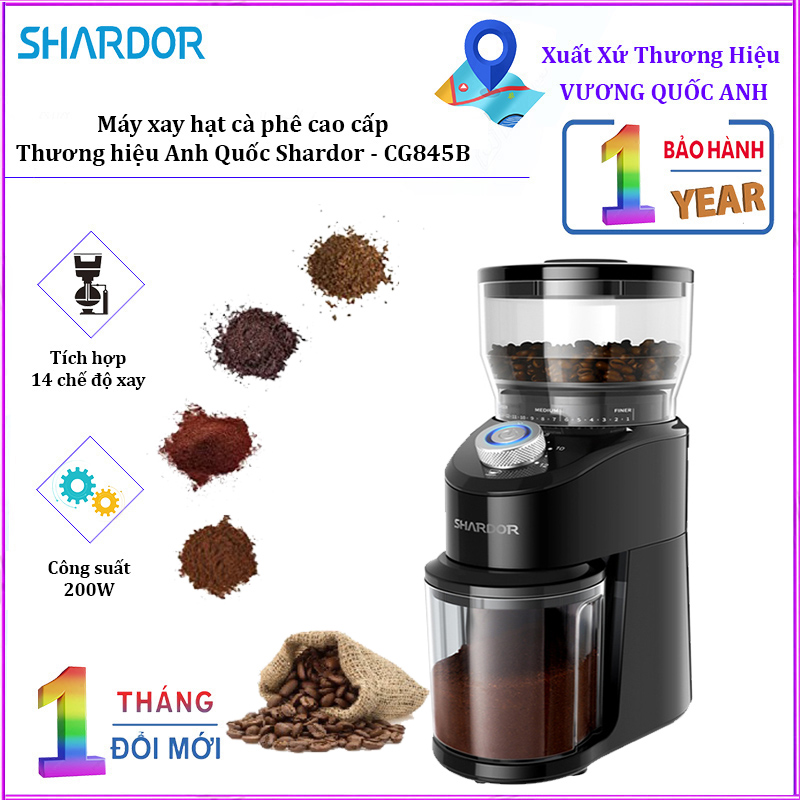 Máy xay hạt cà phê thương hiệu cao cấp Shardor CG845B, công suất 200W, lõi xay thép không gỉ, 14 chế độ xay hạt [BẢO HÀNH 12 THÁNG]